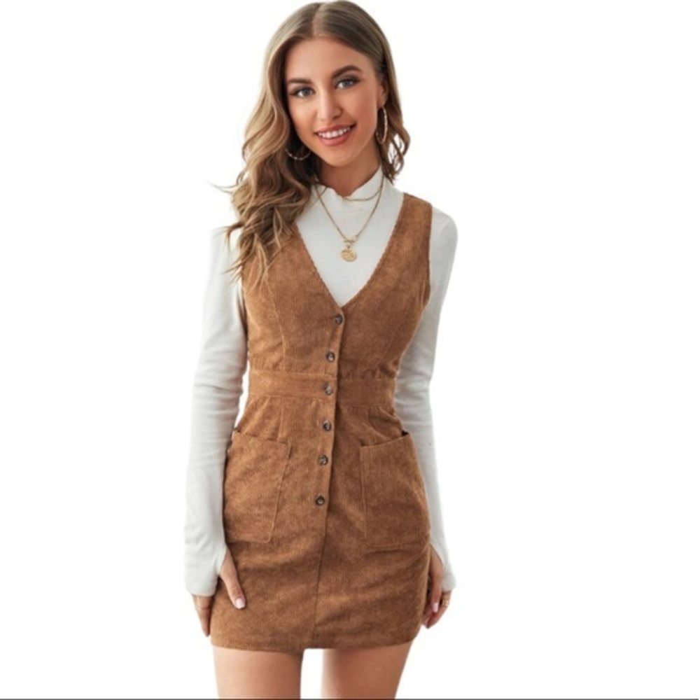 SHEIN‎ Sleeveless Single Breasted Patch Pocket Corduroy Overall Dress